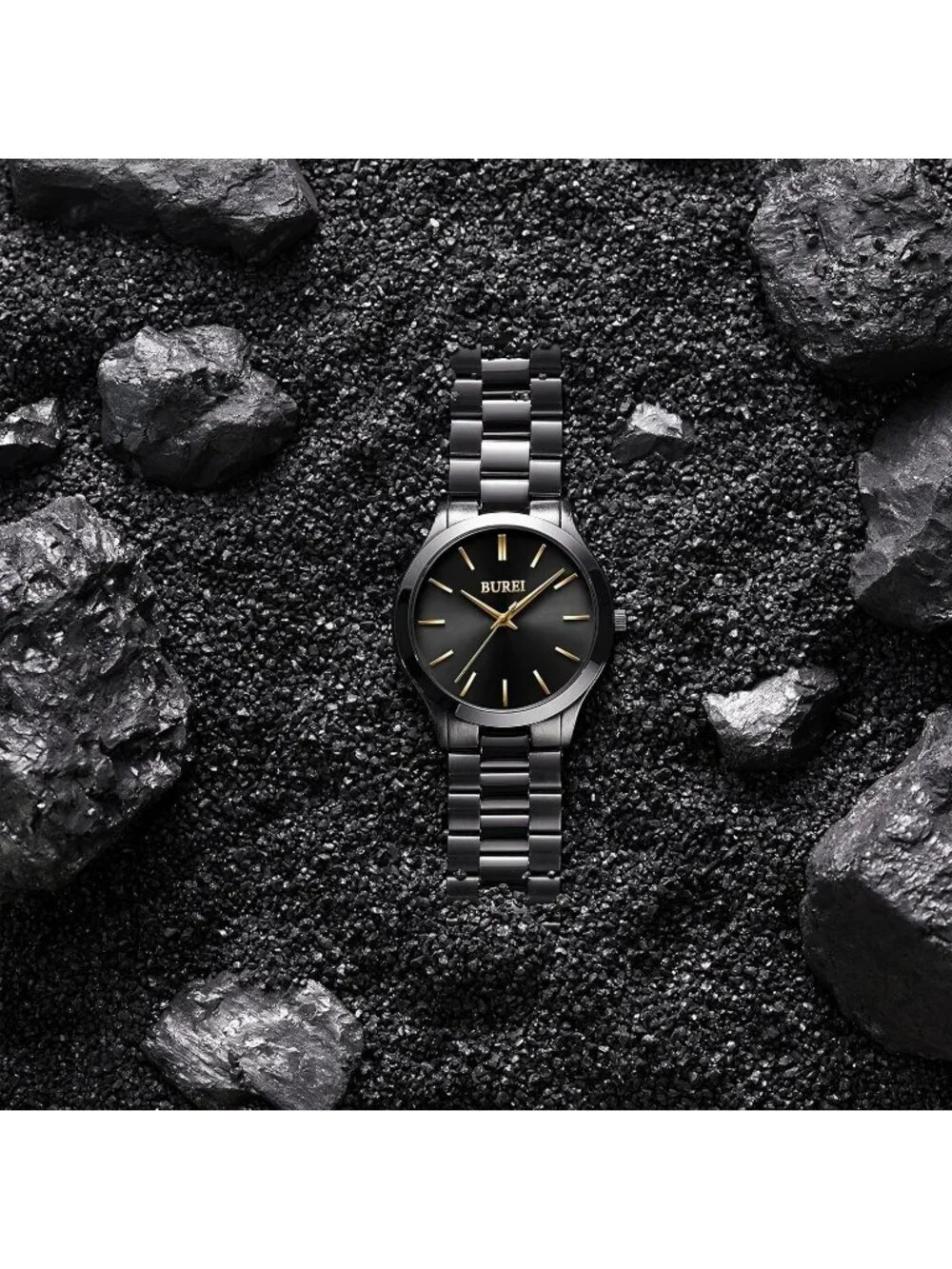 Men's Black And Gold Analog Quartz Stainless Steel Waterproof Round Luxury Watch